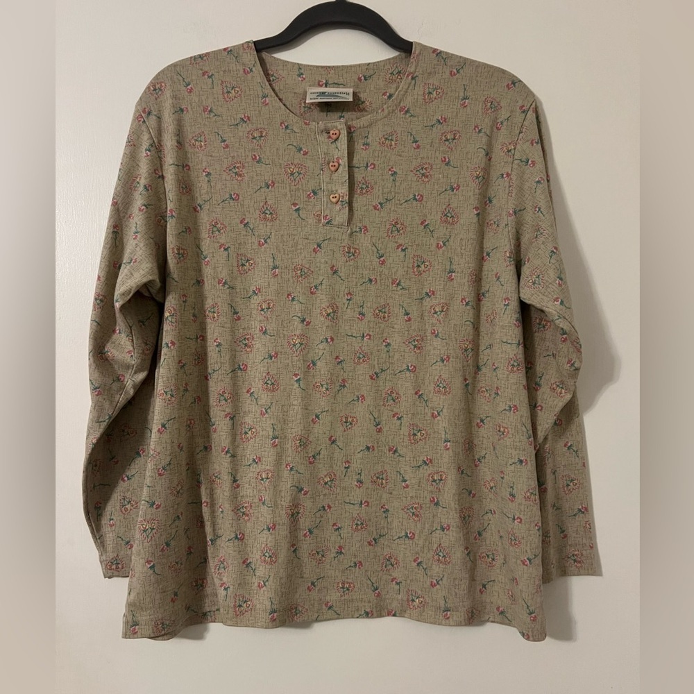 Vintage Northern Reflections Olive Floral Henley Long-Sleeve Shirt size L